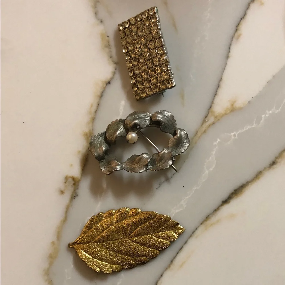 Gold Leaf and Crystal, and Sterling Silver Pin Brooches Women’s 3-piece Set